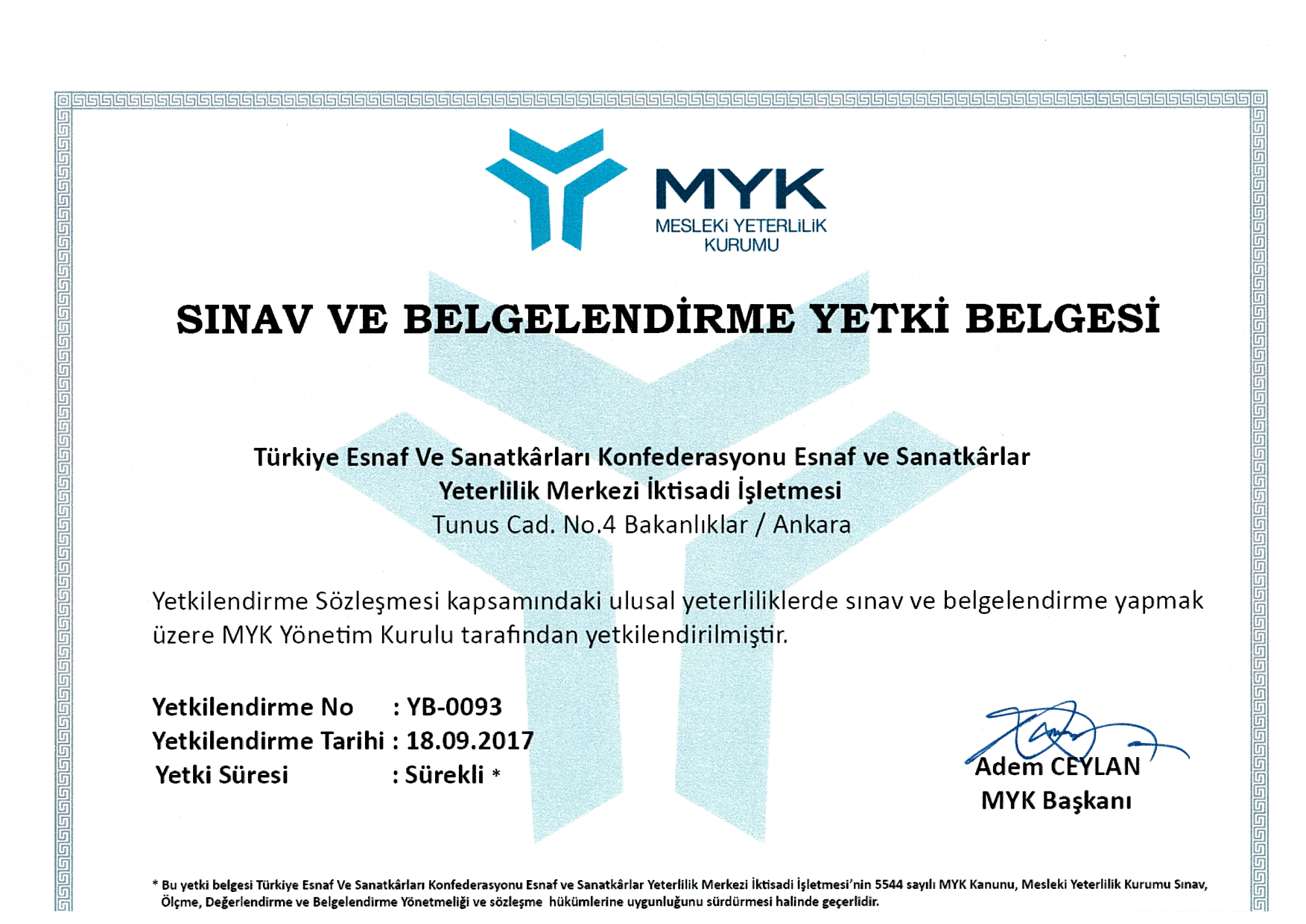 MYK Yetkilendirme Sertifikası